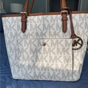 Michael Kors White and Tan Monogram Tote